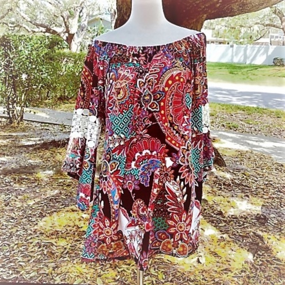 80s WinWin Vibrant Jersey Tunic w/Bell Sleeve L/XL
